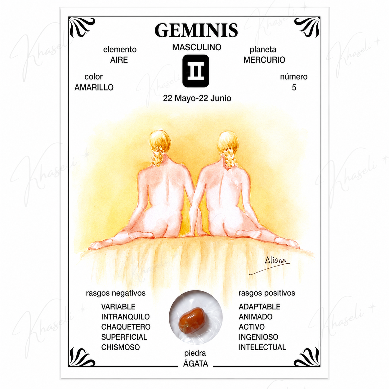 Lámina Esotérica Signo Géminis con Ágata Natural - Regalo para Géminis - Decoración Zodiacal