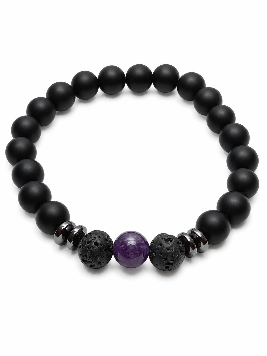 Pulsera de Ónix Mate, Amatista y Piedra Volcánica – Protección, Calma y Equilibrio