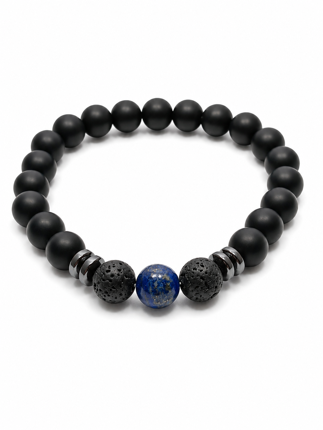 Pulsera de Ónix Mate, Lapislázuli y Piedra Volcánica-Protección, Sabiduría y Equilibrio