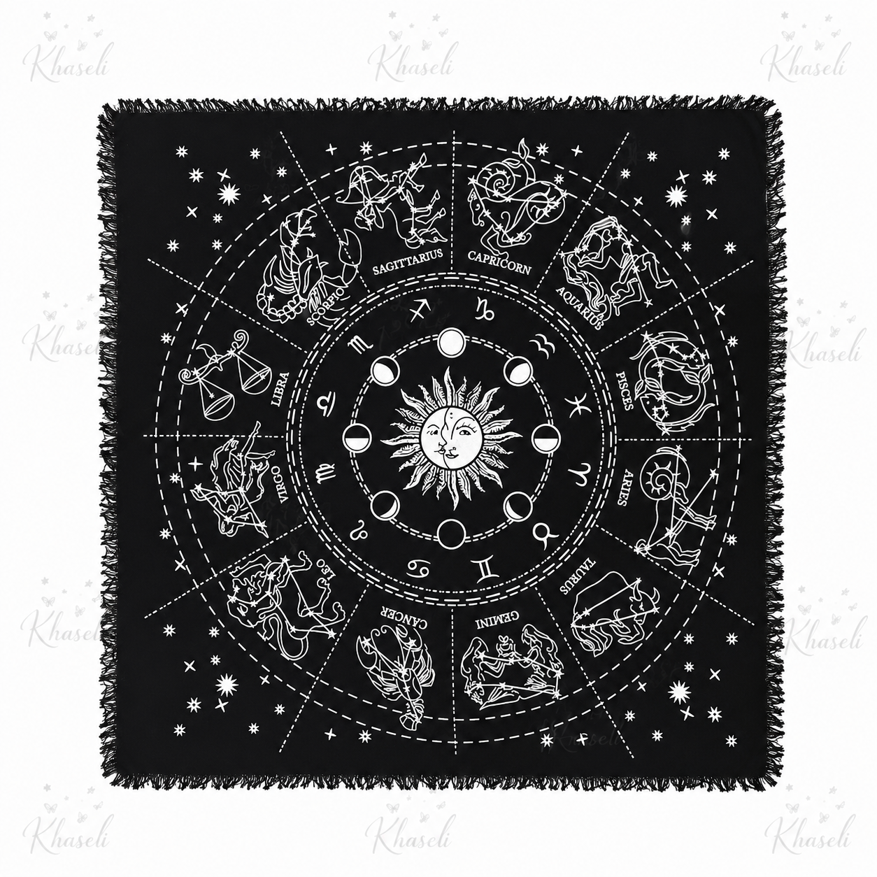 Tapete Esotérico Zodiaco con Fases Lunares – Altar Místico para Tarot, Rituales y Meditación