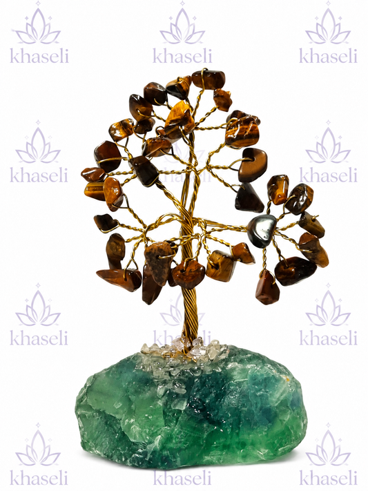 Árbol de la Vida de Ojo de Tigre sobre Base de Fluorita – Decoración Esotérica, Protección y Prosperidad