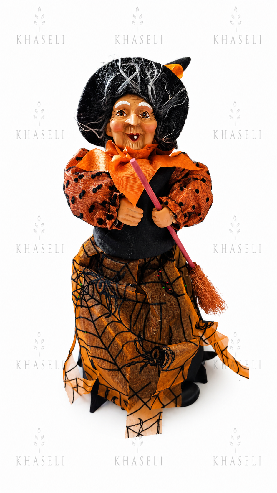 Bruja Esotérica Naranja con Escoba – Figura Decorativa de Bruja