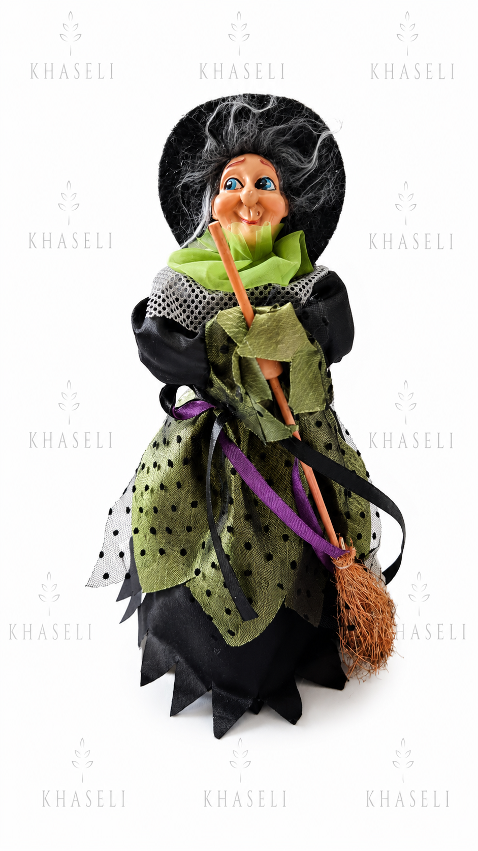 Bruja Esotérica Verde con Escoba – Figura Decorativa de Bruja