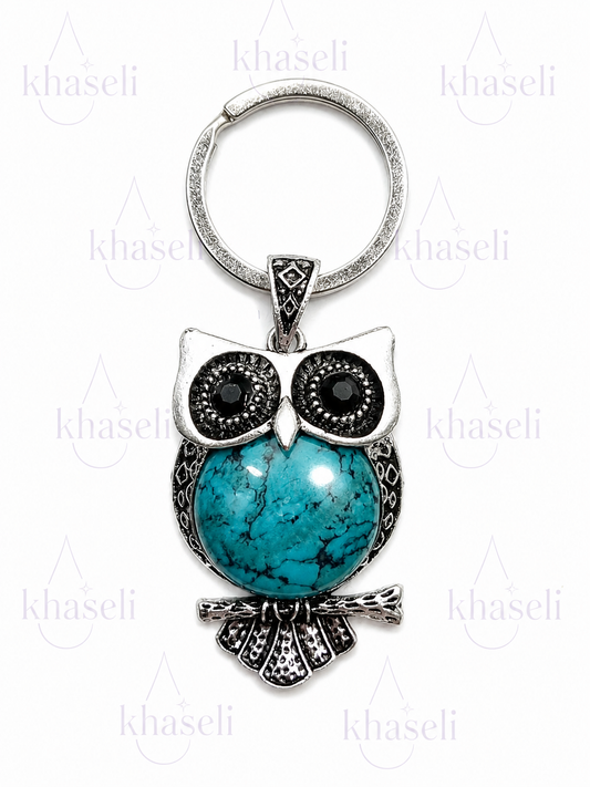 Llavero Búho con Turquesa – Amuleto de Protección, Sabiduría, Buena Suerte y Equilibrio