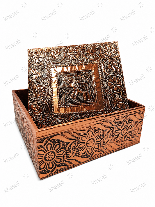Caja de Cobre con Elefante Grabado - Caja Decorativa Esotérica para Tarot, Joyas, Cristales, Amuletos y Objetos Sagrados
