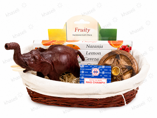 Cesta Regalo Esotérica de Prosperidad y Protección-Kit Espiritual con Elefante, Inciensos, Pentáculo y Nag Champa