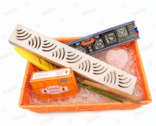 Cesta Regalo Esotérica de Inciensos y Portaincienso de Alabastro - Kit de Aromaterapia, Meditación y Bienestar