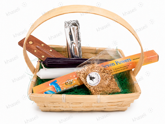 Cesta Regalo Esotérica para Limpieza Energética - Kit Ritual con Palo Santo, Velas, Incienso Seven Powers y carbón