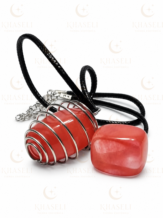 Colgante de Cuarzo Cereza con Jaula Espiral - Colgante Energético para Amor, Alegría y Equilibrio Emocional