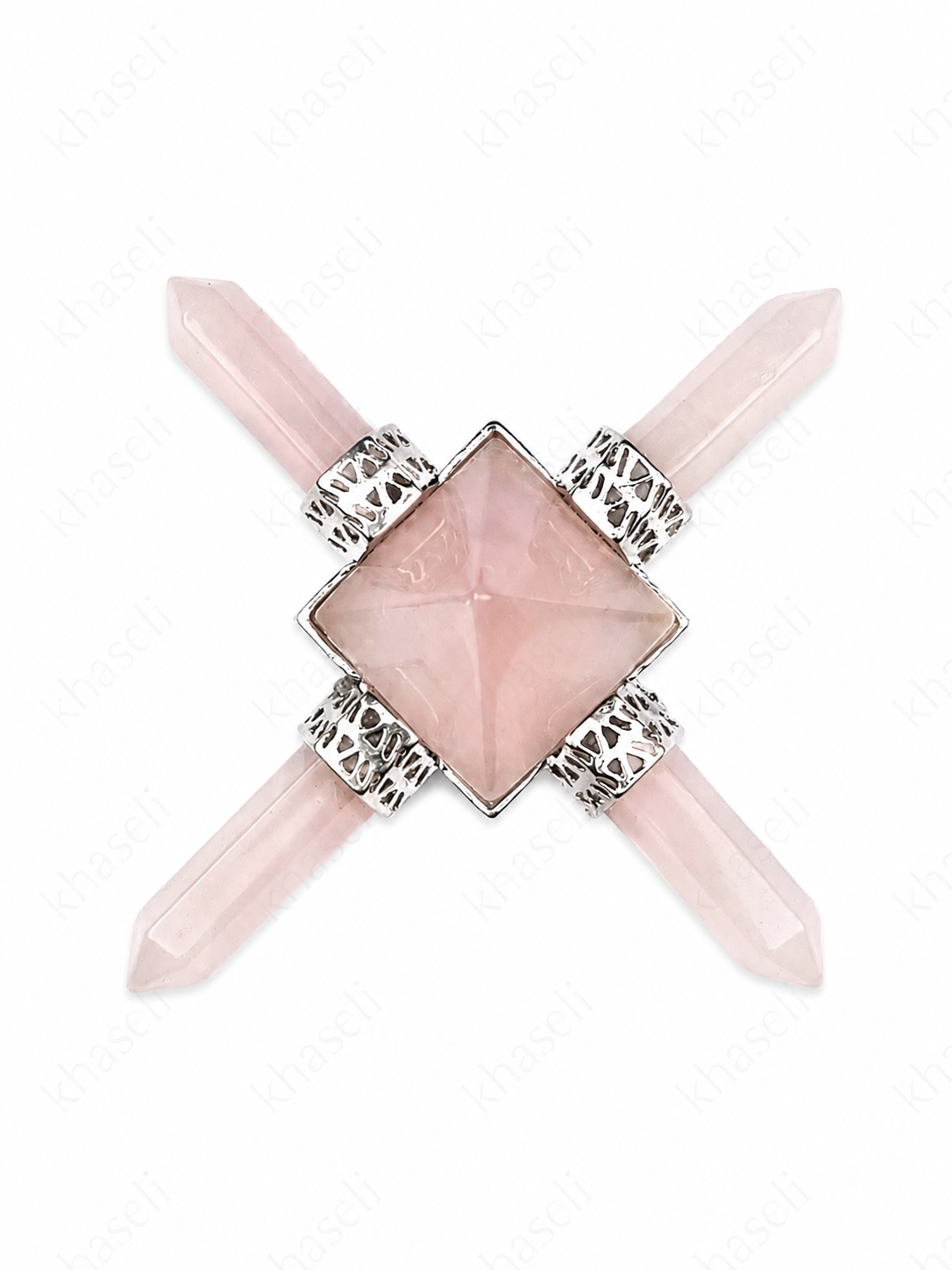 Generador de Energía de Cuarzo Rosa – Pirámide con 4 Puntas Biterminadas -Amor y Armonía