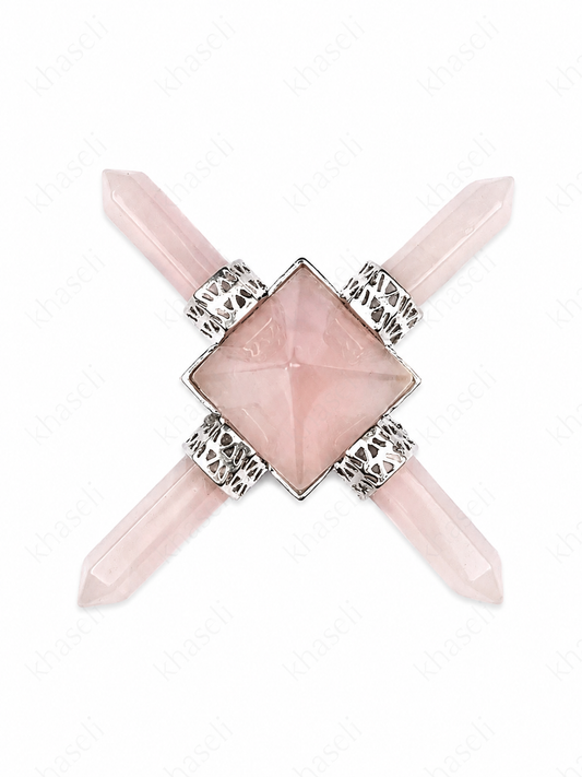 Generador de Energía de Cuarzo Rosa – Pirámide con 4 Puntas Biterminadas -Amor y Armonía