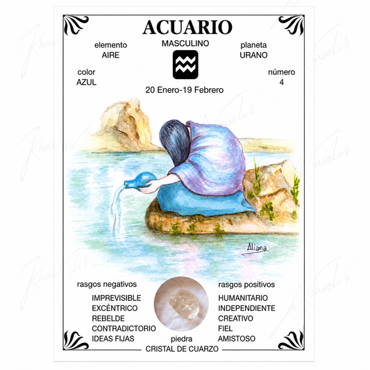 Lámina Esotérica Signo Acuario con Cristal de Cuarzo Natural - Regalo para Acuario - Decoración Zodiacal