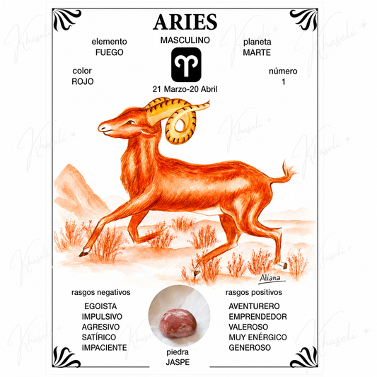 Lámina Esotérica Signo Aries con Jaspe Natural - Regalo para Aries - Decoración Zodiacal