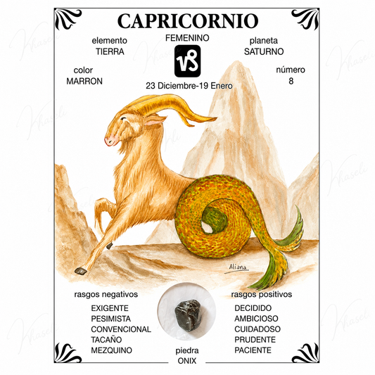Lámina Zodiacal Capricornio con Piedra Ónix Natural - Signo Capricornio - Regalo Esotérico y Astrológico