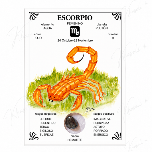 Lámina Esotérica Signo Escorpio con Hematite Natural - Regalo para Escorpio - Decoración Zodiacal