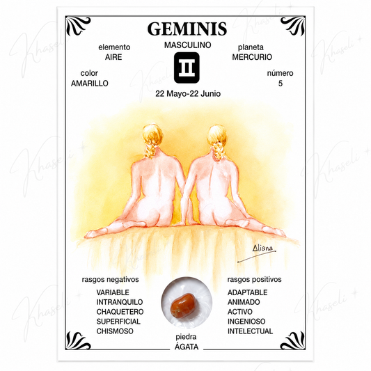 Lámina Esotérica Signo Géminis con Ágata Natural - Regalo para Géminis - Decoración Zodiacal