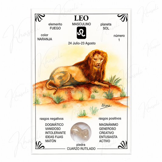 Lámina Esotérica Signo Leo con Cuarzo Rutilado Natural | Regalo para Leo | Decoración Zodiacal