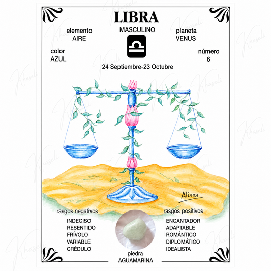 Lámina Esotérica Signo Libra con Aguamarina Natural - Regalo para Libra - Decoración Zodiacal