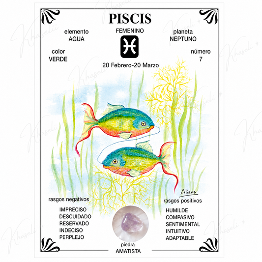 Lámina Esotérica Signo Piscis con Amatista Natural - Regalo para Piscis - Decoración Zodiacal
