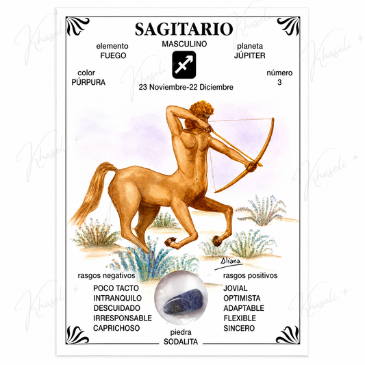 Lámina Esotérica Signo Sagitario con Sodalita Natural - Regalo para Sagitario - Decoración Zodiacal