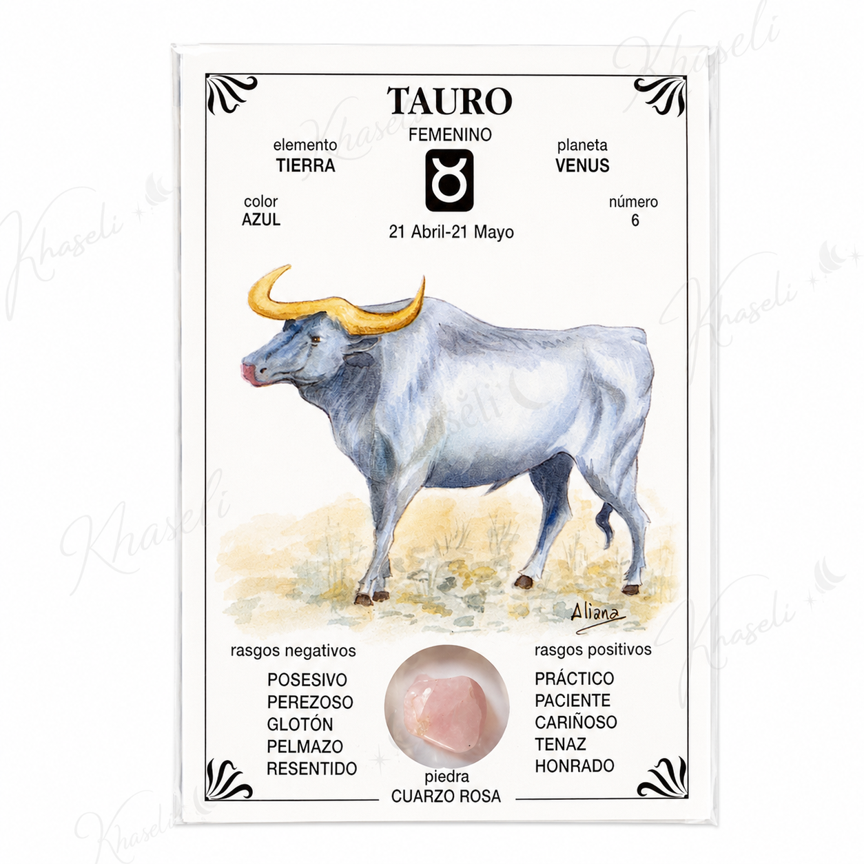 Lámina Esotérica Signo Tauro con Cuarzo Rosa Natural - Regalo para Tauro  -Decoración Zodiacal