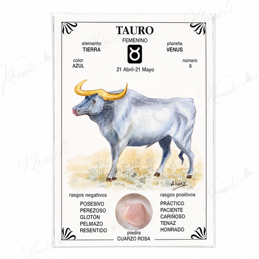 Lámina Esotérica Signo Tauro con Cuarzo Rosa Natural - Regalo para Tauro  -Decoración Zodiacal