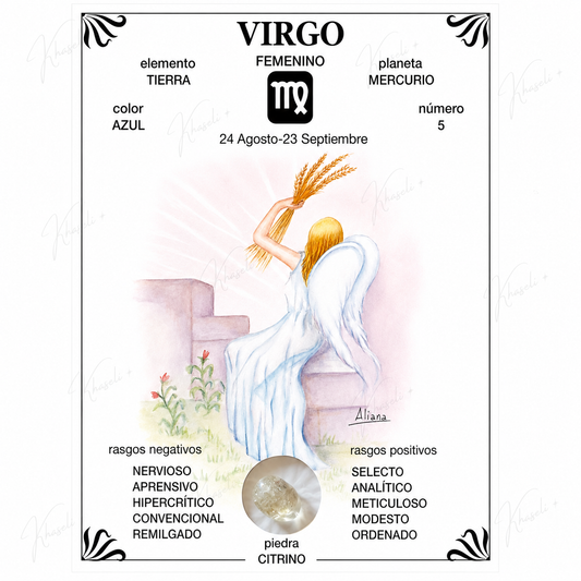 Lámina Esotérica Signo Virgo con Citrino Natural - Regalo para Virgo - Decoración Zodiacal