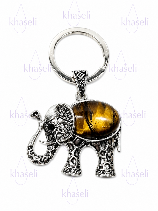 Llavero Elefante de Ojo de Tigre Natural – Amuleto de Protección, Suerte, Prosperidad y Fuerza