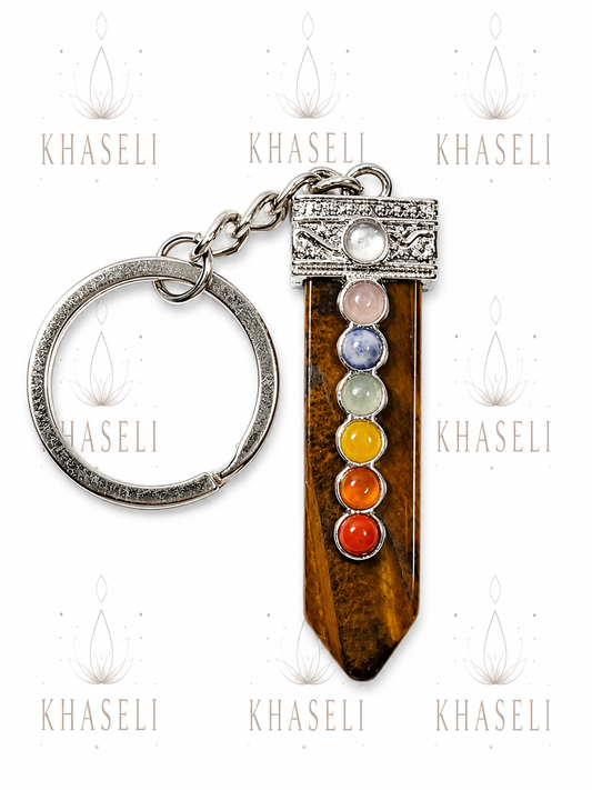 Llavero de Ojo de Tigre con Chakras – Amuleto de Protección, Fuerza y Equilibrio Energético