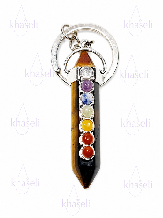 Llavero Punta de Ojo de Tigre con Chakras – Piedra Natural de Protección, Fuerza y Prosperidad