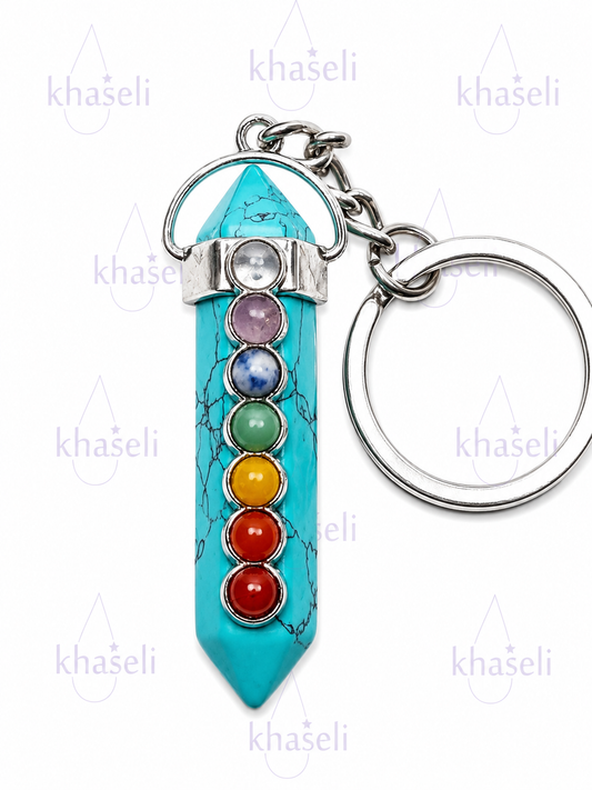 Llavero Péndulo 7 Chakras de Turquesa Natural – Amuleto Esotérico de Protección, Equilibrio Energético y Armonización