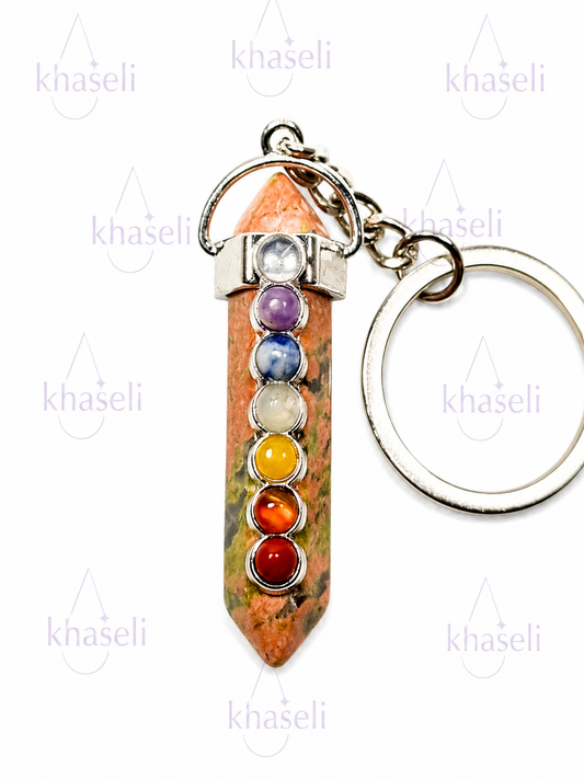 Llavero Punta de Unakita con Chakras – Piedra Natural para Equilibrio Emocional, Protección y Crecimiento Espiritual