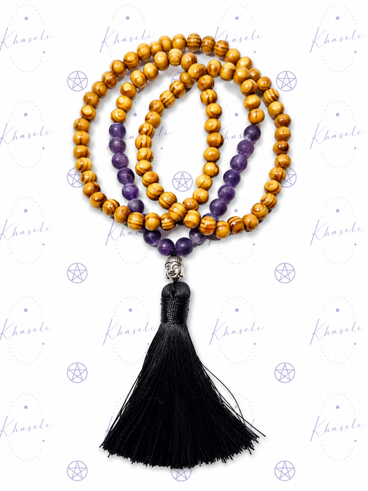 Collar Budista de Madera y Amatista Natural – Mala de Meditación, Protección Espiritual y Equilibrio Energético