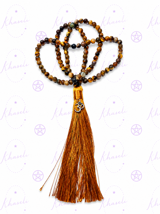 Mala Tibetano de Ojo de Tigre 108 Cuentas con Símbolo OM – Collar de Meditación, Protección y Equilibrio Espiritual