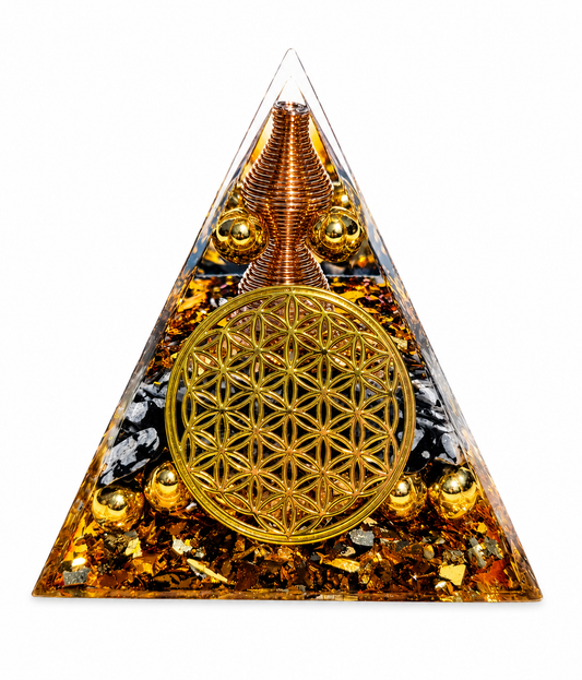 Pirámide de Orgonita con Flor de la Vida y Obsidiana – Armonización y Protección Energética