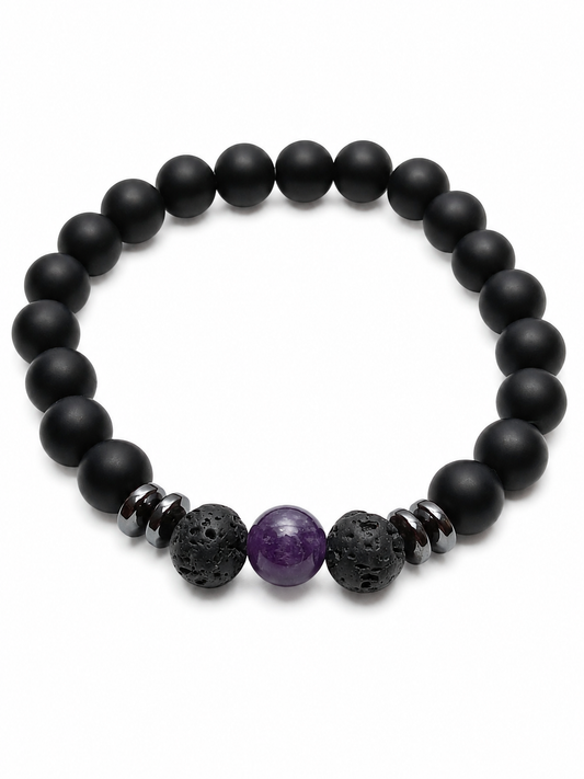 Pulsera de Ónix Mate, Amatista y Piedra Volcánica – Protección, Calma y Equilibrio