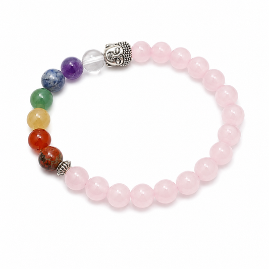 Pulsera 7 Chakras con Cuarzo Rosa y Cabeza de Buda – Equilibrio, Amor y Armonía