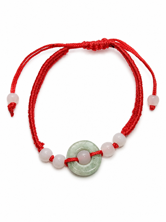 Pulsera Roja con Jade Verde y Cuarzo Rosa – Proteccióny Equilibrio