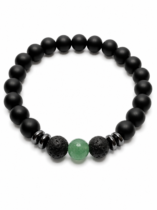 Pulsera de Ónix Mate, Aventurina Verde y Piedra Volcánica– Protección, Suerte y Equilibrio
