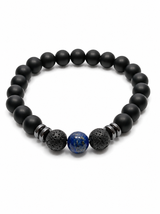 Pulsera de Ónix Mate, Lapislázuli y Piedra Volcánica-Protección, Sabiduría y Equilibrio