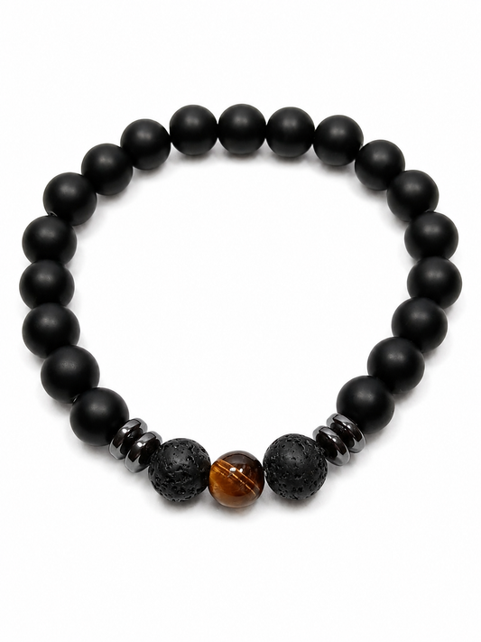 Pulsera de Ónix Mate, Piedra Volcánica y Ojo de Tigre-Protección, Equilibrio y Energía