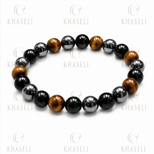 Pulsera Triple Protección de Ojo de Tigre, Hematita y Ónix - Protección Energética y Equilibrio