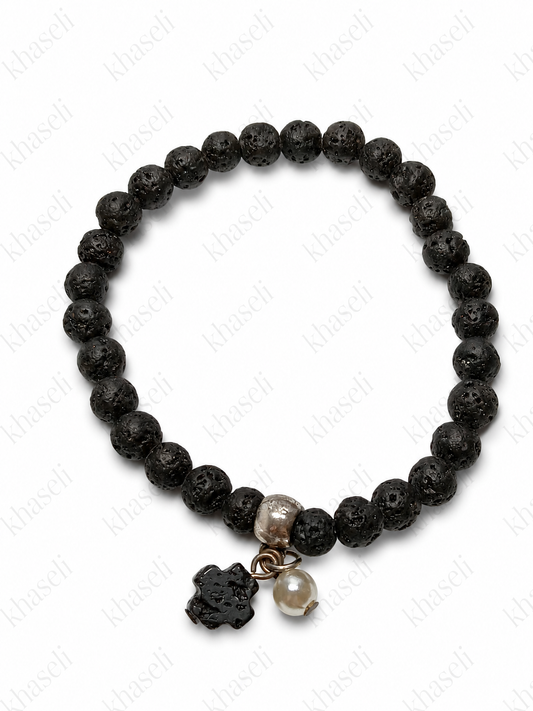 Pulsera de Protección Energética de Piedra Volcánica con Cruz de Obsidiana Nevada