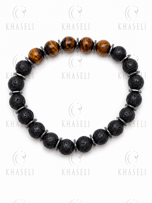 Pulsera de Ojo de Tigre y Piedra Volcánica Natural – Pulsera de Protección, Fuerza y Equilibrio Energético