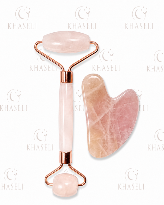 Set de Rodillo Facial y Gua Sha de Cuarzo Rosa- Kit de Belleza y Bienestar Energético