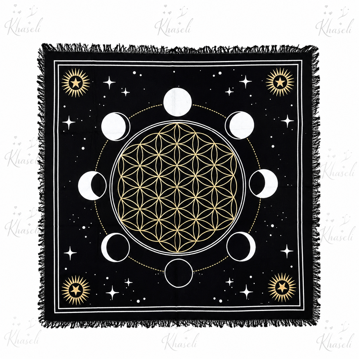 Tapete Esotérico Fases Lunares y Flor de la Vida - Altar Ritual, Tarot, Oráculos y Meditación