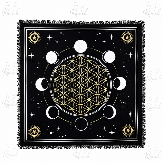 Tapete Esotérico Fases Lunares y Flor de la Vida - Altar Ritual, Tarot, Oráculos y Meditación