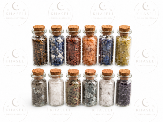 Tarritos de Minerales Naturales – Botellas de Cristales para Reiki, Meditación, Altares y Decoración Esotérica